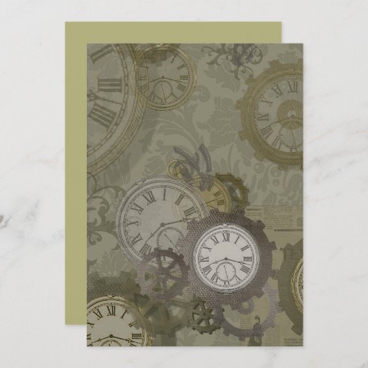 Steampunk olijfgroen afdrukken aankondiging (Voorkant / Achterkant)