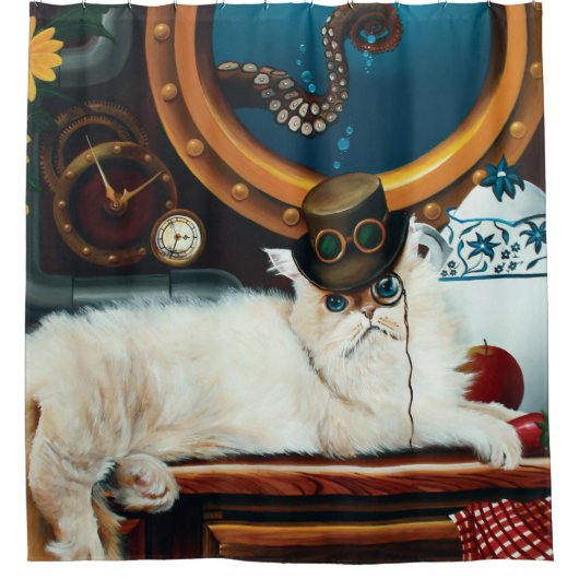 Steampunk Onderzeeër Kat Thee Douchegordijn (Voorkant)