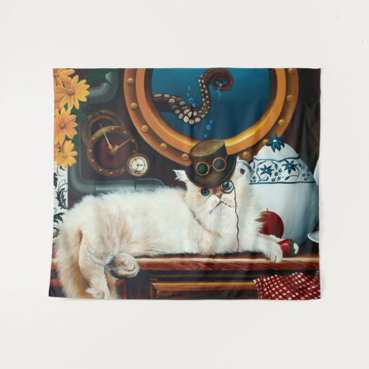 Steampunk Onderzeeër Kat Thee Wandkleed (Voorkant (horizontaal))