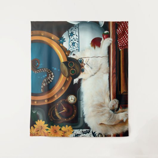 Steampunk Onderzeeër Kat Thee Wandkleed (Voorkant)