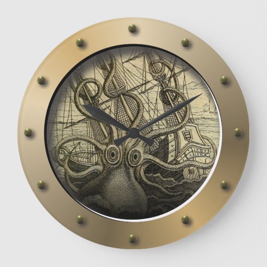Steampunk onderzeeër Porthole Giant Octopus Grote Klok (Voorkant)