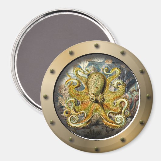 Steampunk onderzeeër Porthole Octopus Magneet (Voorkant / Achterkant)