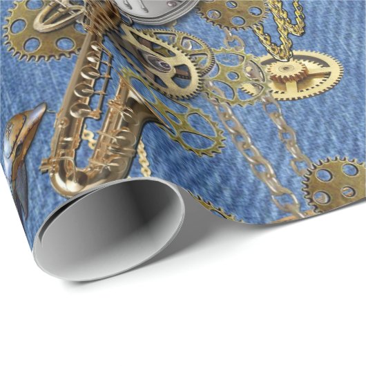 Steampunk op Blue Denim Cadeaupapier (Rol Hoek)