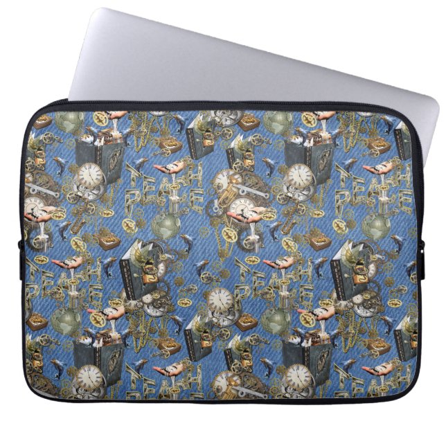 Steampunk op een blauw Denim-laptophoes Laptop Sleeve (Voorkant)