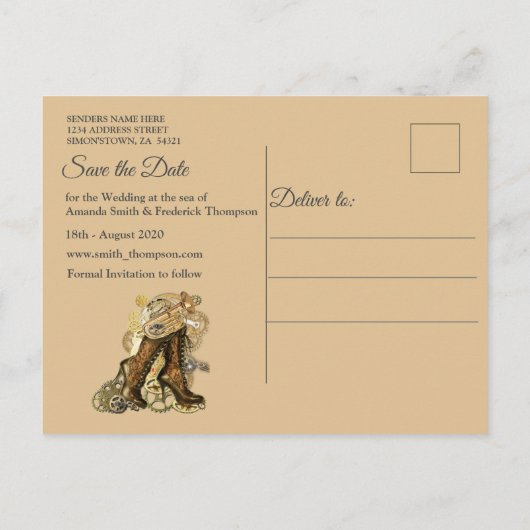 Steampunk op Gold Leather Save the Date Aankondigingskaart (Achterkant)