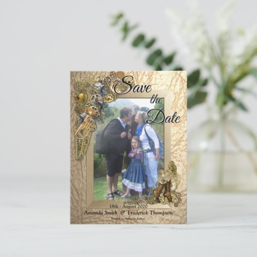 Steampunk op Gold Leather Save the Date Aankondigingskaart (Staand voorkant)