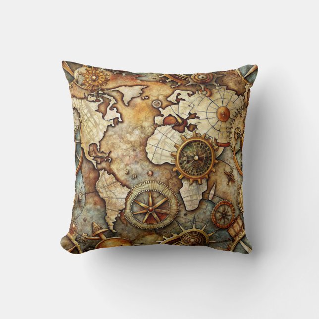 Steampunk Oude Kaart Worp Kussen (Voorkant)