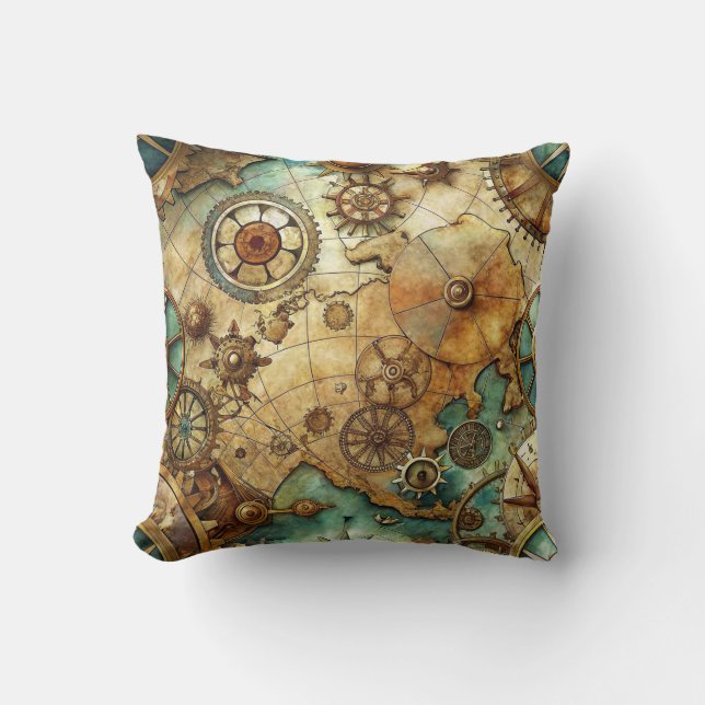 Steampunk Oude Kaart Worp Kussen (Voorkant)
