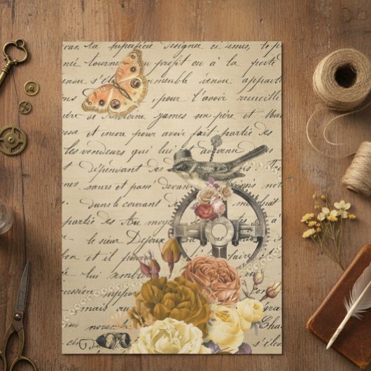 Steampunk Oude Victoriaanse Decoupage Vogel Antiek Tissuepapier