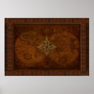 Steampunk Oude Wereldkaart & Compass Roos Design Poster