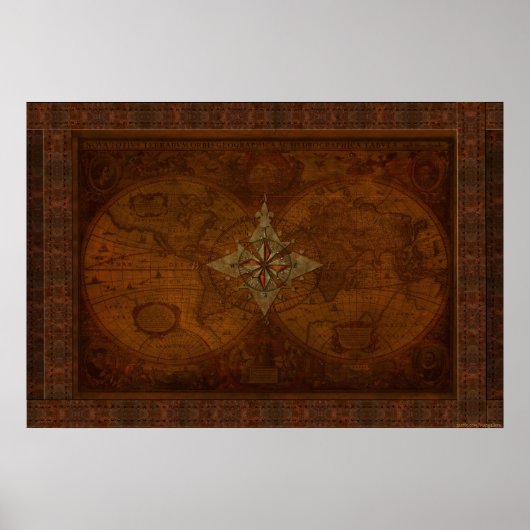 Steampunk Oude Wereldkaart & Compass Roos Design Poster (Voorkant)