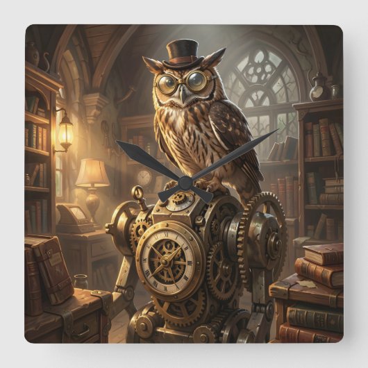 steampunk owl clockwork art clock vierkante klok (Voorkant)