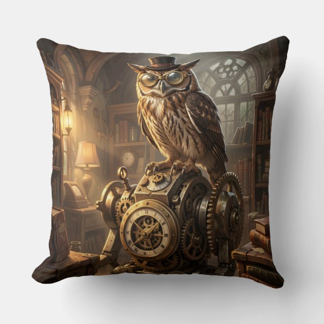 steampunk owl clockwork art pillow kussen (Voorkant)