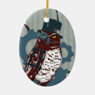Steampunk Owl en Mattress Ticking Ornament