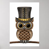 Steampunk Owl op een Tak op Wit Poster (Voorkant)