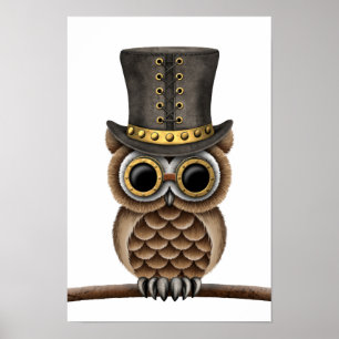 Steampunk Owl op een Tak op Wit Poster