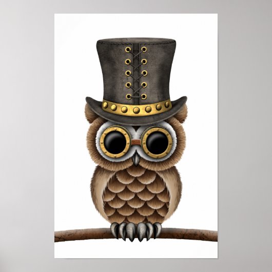Steampunk Owl op een Tak op Wit Poster (Voorkant)