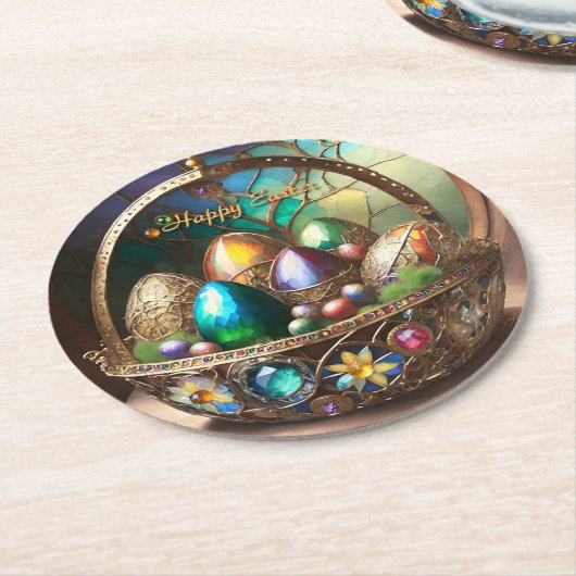 Steampunk Paasmand gevuld met kleurrijke eieren Ronde Kartonnen Onderzetter (Gebogen)