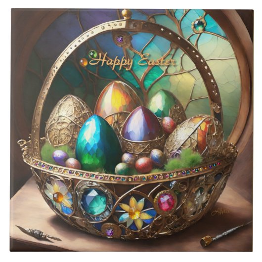 Steampunk Paasmand gevuld met kleurrijke eieren Tegeltje (Voorkant)