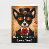 Steampunk Papillon Dog & Red Rose CQ6 Naam Moeder Kaart (Voorkant)