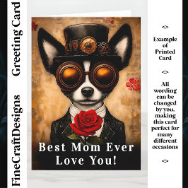 Steampunk Papillon Dog & Red Rose CQ6 Naam Moeder Kaart