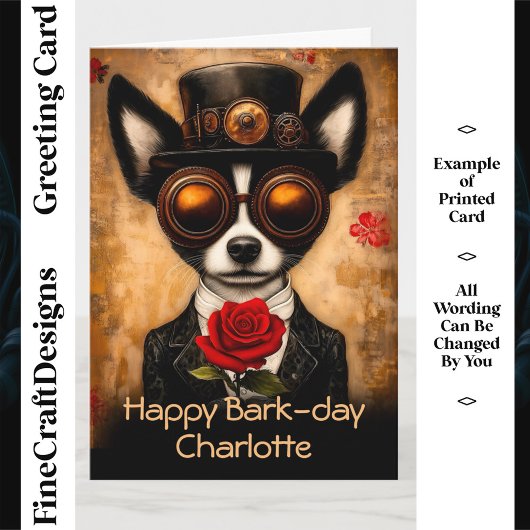 Steampunk Papillon Dog & Red Rose CQ6 Verjaardag Kaart
