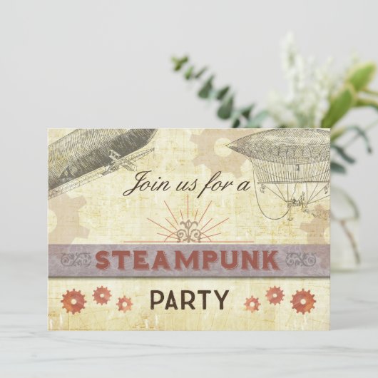 Steampunk  Party Invitation, Gears/Dirigibl Kaart (Staand voorkant)