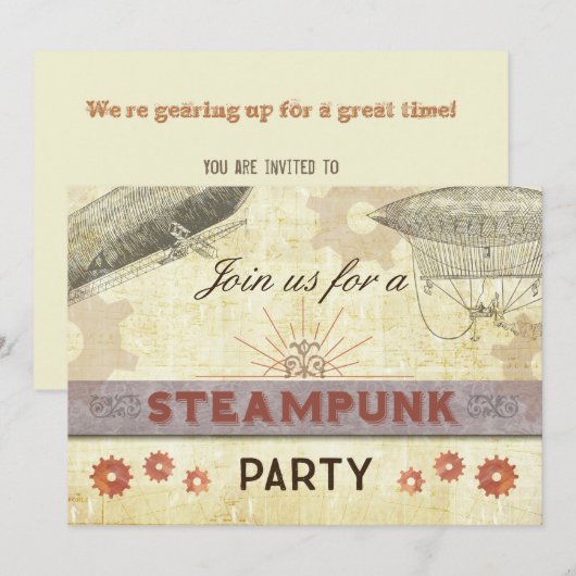 Steampunk  Party Invitation, Gears/Dirigibl Kaart (Voorkant / Achterkant)