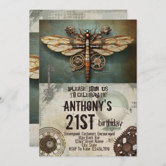 Steampunk Party  Mechanische Dragonfly Kaart (Voorkant / Achterkant)