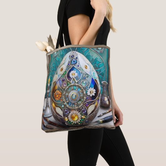 Steampunk Pasen Versierd Blauwe Ei Tote Bag (Dichtbij)
