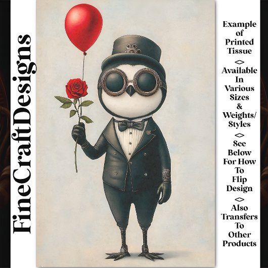 Steampunk Penguin, Red Rose, Ballon AJ1 Decoupage Tissuepapier