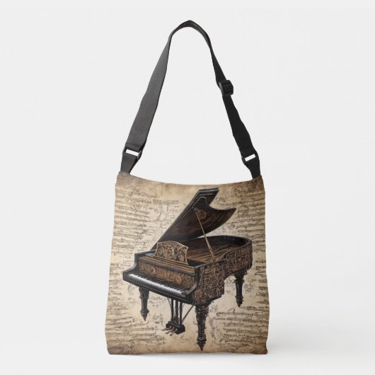 Steampunk piano op handgeschreven perkament crossbody tas (Voorkant)
