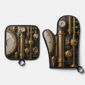 Steampunk pijpen en meters ovenwant & pannenlap set (Voorkant)