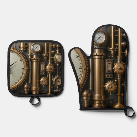 Steampunk pijpen en meters ovenwant & pannenlap set (Voorkant)
