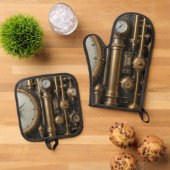 Steampunk pijpen en meters ovenwant & pannenlap set (Top down)