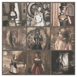 Steampunk Pinups Quilt Block Print Stof