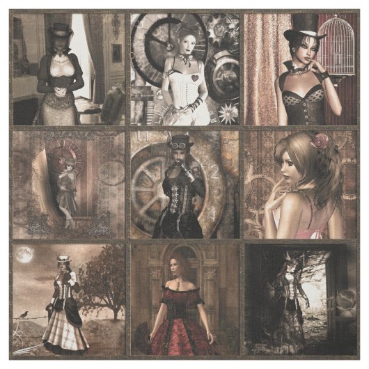 Steampunk Pinups Quilt Block Print Stof (Swatch)