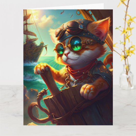 Steampunk Pirate Cat Kaart (Gele Bloem)