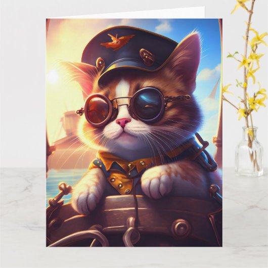 Steampunk Piratenschip Kapitein Cat Kaart (Gele Bloem)