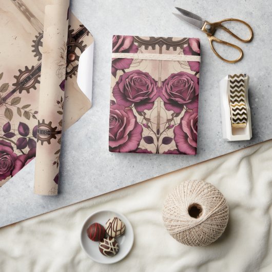Steampunk Plum Roses & Gears Wrapping Paper Cadeaupapier (Crafts)