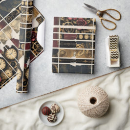 Steampunk Plum Roses & Gears Wrapping Paper Cadeaupapier