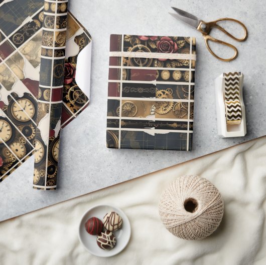 Steampunk Plum Roses & Gears Wrapping Paper Cadeaupapier (Crafts)