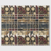 Steampunk Plum Roses & Gears Wrapping Paper Cadeaupapier (Vlak)