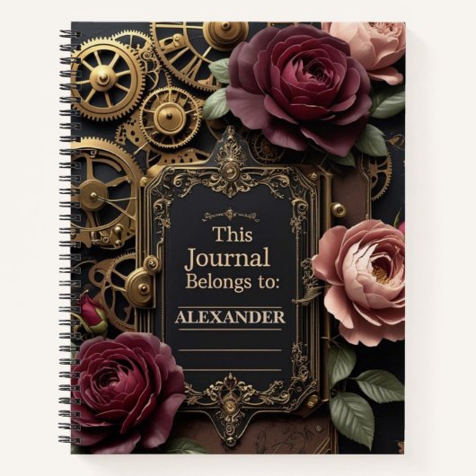 Steampunk Plum Rozen & Gears Notitieboek (Voorkant)