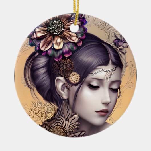 Steampunk Prinses met een Koperkleurige Bloem Keramisch Ornament (Voorkant)