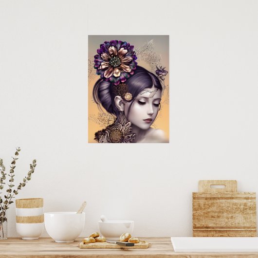 Steampunk Prinses met een Koperkleurige Bloem Poster (Keuken)
