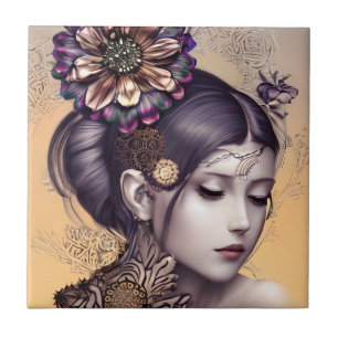 Steampunk Prinses met een Koperkleurige Bloem Tegeltje