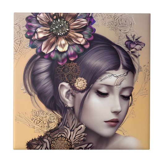 Steampunk Prinses met een Koperkleurige Bloem Tegeltje (Voorkant)