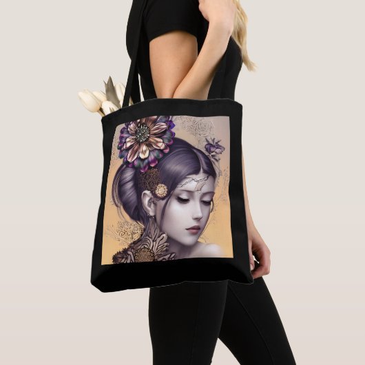 Steampunk Prinses met een Koperkleurige Bloem Tote Bag (Dichtbij)