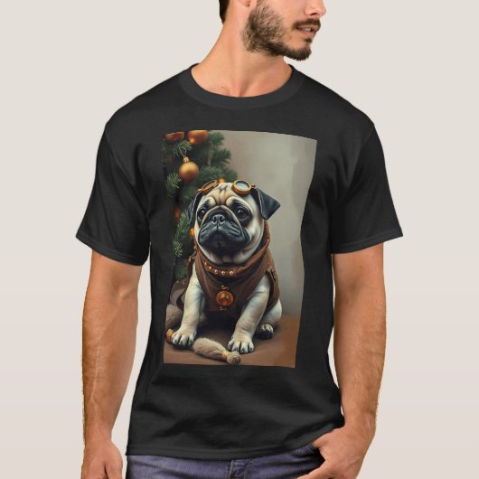 Steampunk Pug Hond Portret II T-shirt (Voorkant)